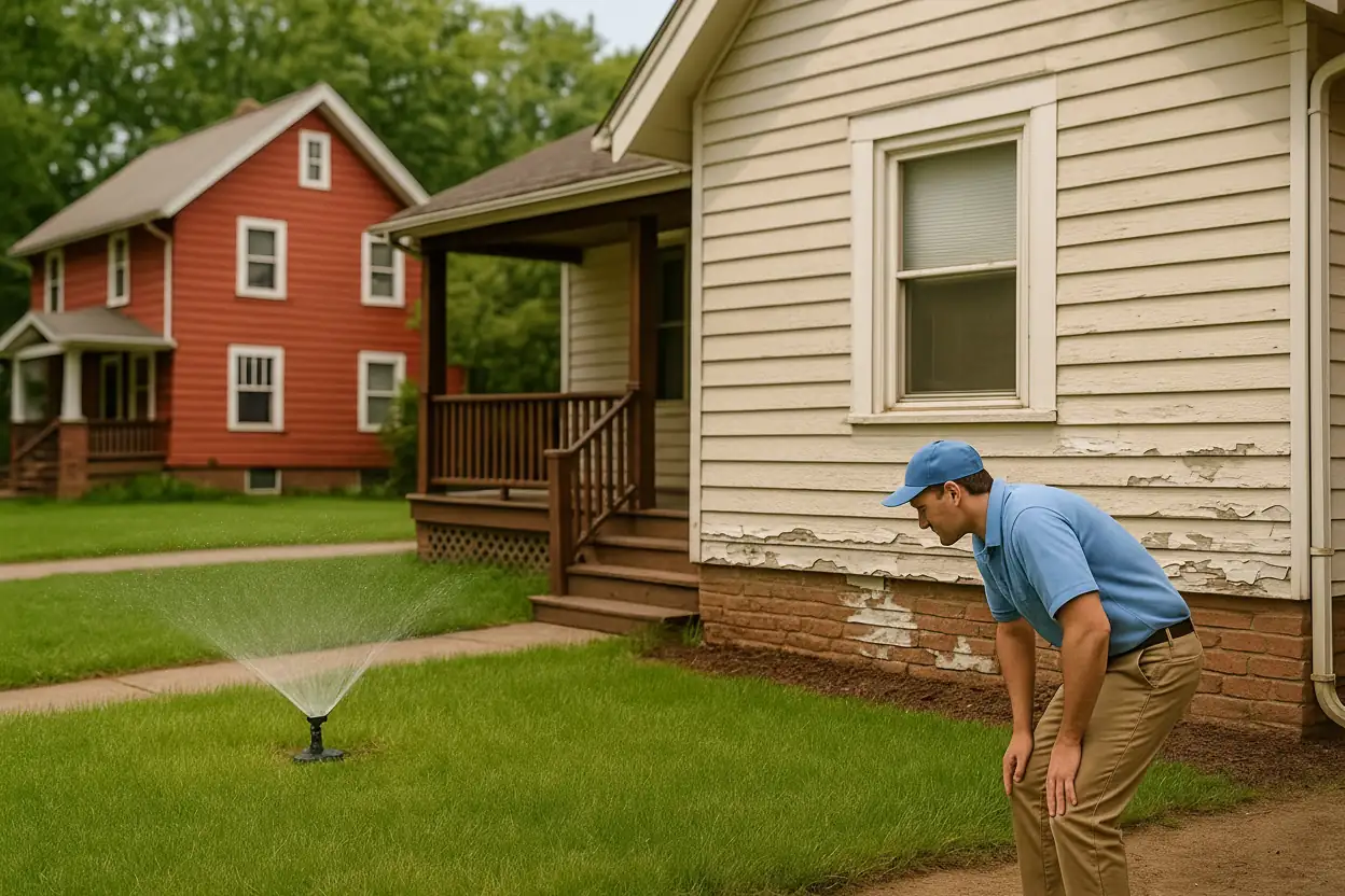 Lead paint testing inspector examining Cleveland rental property exterior